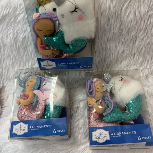Holiday Time Pink and Teal Mermaid and Narwhal Ornament Set